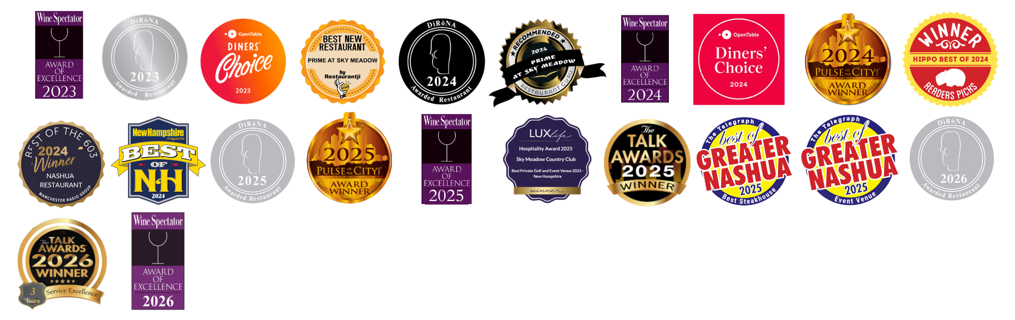 Collection of restaurant awards and recognitions including Wine Spectator and DiRōNA for various years.